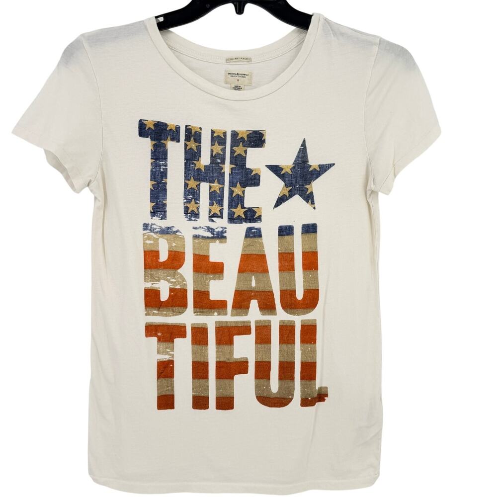 Denim & Supply Ralph Lauren The Beautiful USA Flag Graphic T Shirt Size S Ivory